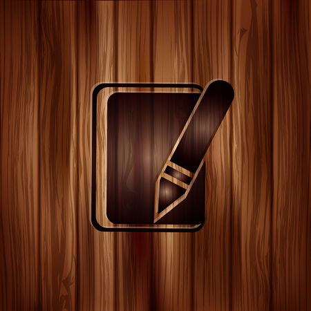 Notepad with pencil icon. Wooden backgroundのイラスト素材