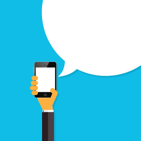 Flat smartphone in hand with speech bubble. Global communication concept. Social media.のイラスト素材