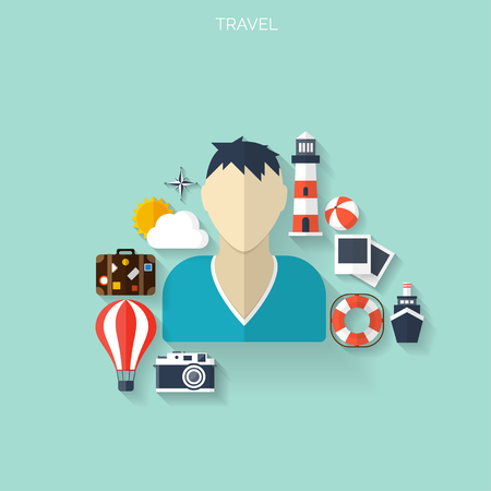 World travel concept background.  Flat icons. Tourism concept image.Holidays and vacation.Sea, ocean, land, air travelling.のイラスト素材