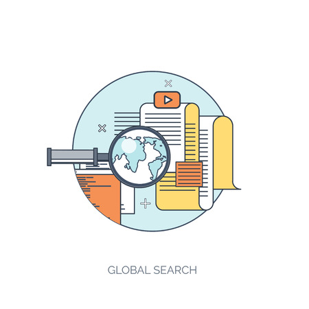 Vector illustration. Web search. Flat computing background. Programming and coding. Web development and search. Search engine optimization. Innovation and technologies. Mobile app.のイラスト素材