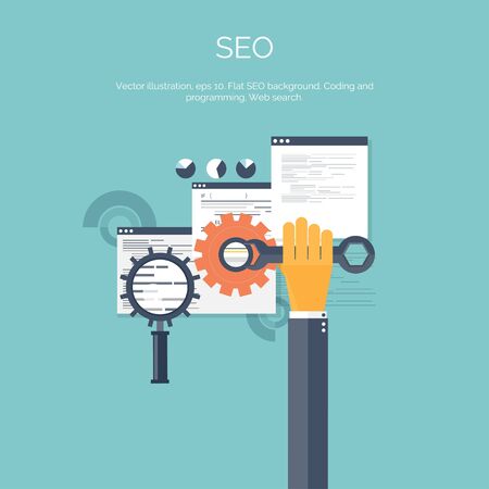 Vector illustration. Flat computing background. Programming,coding. Web development and search. SEO. Innovation, technologies. Mobile app. Development, optimization.のイラスト素材