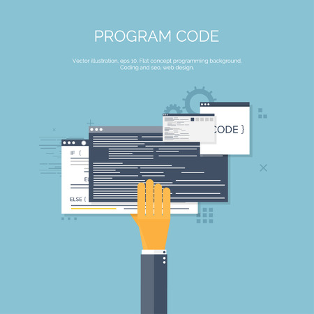 Vector illustration. Flat computing background. Programming,coding. Web development and search. SEO. Innovation, technologies. Mobile app. Development, optimization.のイラスト素材