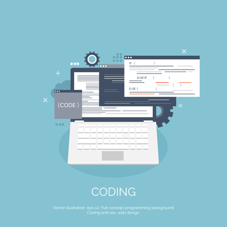 Vector illustration. Flat computing background. Programming,coding. Web development and search. SEO. Innovation, technologies. Mobile app. Development, optimization.のイラスト素材