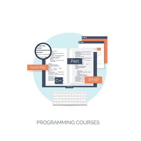 Vector illustration. Flat computing background. Programming,coding. Web development and search. SEO. Innovation, technologies. Mobile app. Development, optimization.のイラスト素材