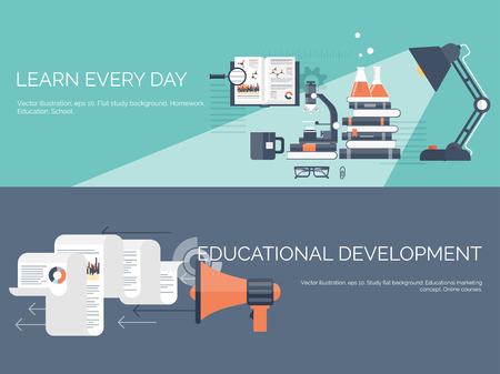 Vector illustration. Flat study backgrounds set. Education and online courses, web tutorials, e-learning. Study ,creative process. Power of knowledge. Video tutorials.のイラスト素材