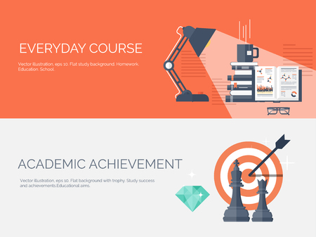 Vector illustration. Flat study backgrounds set. Education and online courses, web tutorials, e-learning. Study ,creative process. Power of knowledge. Video tutorials.のイラスト素材