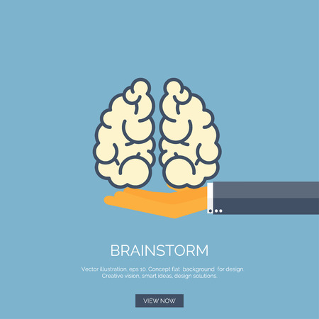 Vector illustration. Flat background with hand and brains. Brainstorm, teamwork. Creative vision.のイラスト素材