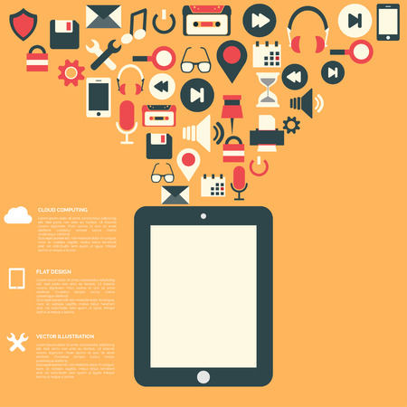 Flat abstract background with web icons. Interface symbols. Cloud computing. Mobile devices.のイラスト素材