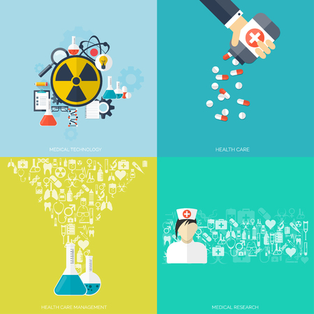 Flat health care and medical research background. Healthcare system concept. Medicine and chemical engineering.  First aid and diagnostic equipment.のイラスト素材