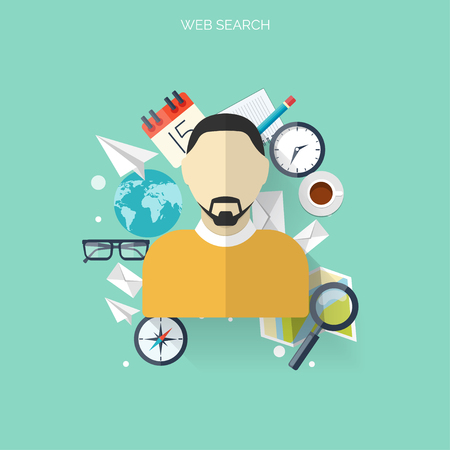 Flat travel background with male icon. Time and date icons. Maps and navigation concept.のイラスト素材