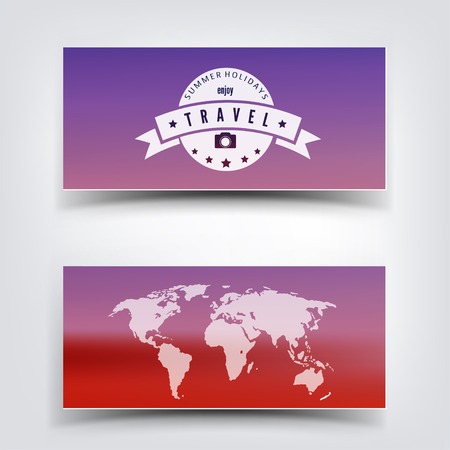 Blurred landscape background card. Travel concept with eart map. Mobile or web ui element. Web site header.のイラスト素材