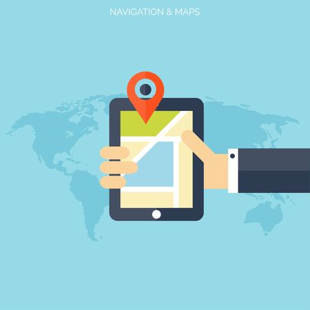 Flat navigation background with maps and digital devices. Travel concept.のイラスト素材