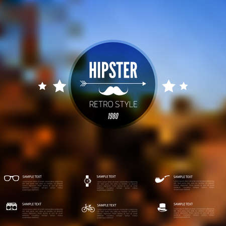 Abstract defocused, blurred landscape background with hipster sign. Vintage label with retro icons.のイラスト素材
