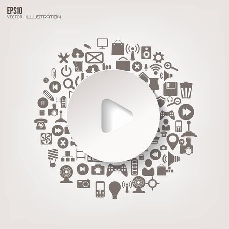 Play button icon. Flat abstract background with web icons. Interface symbols. Cloud computing. Mobile devices.Business concept.のイラスト素材
