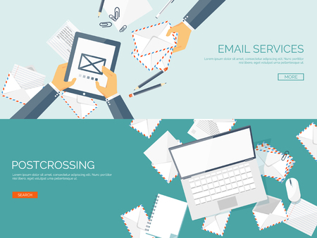 Vector illustration. Flat background with envelope. Emailing concept background. Spam and sms writing.Lettering. New message.のイラスト素材