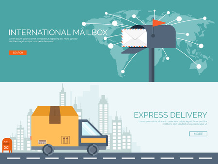 Vector illustration. Flat background with envelope. Emailing concept background. Spam and sms writing.Lettering. New message. Delivery and packaging.のイラスト素材
