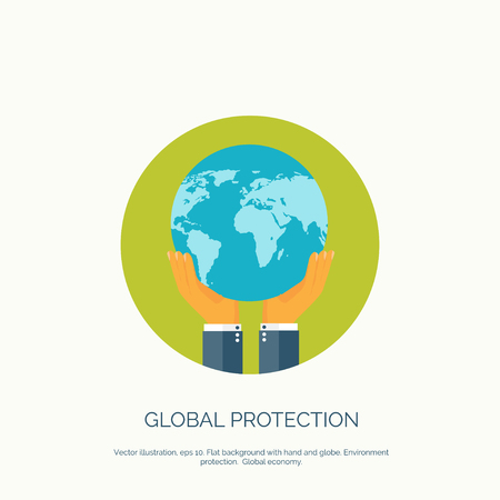 Vector illustration. Flat background with hand and earth globe. Global environment protection. Global commerce and communication.のイラスト素材