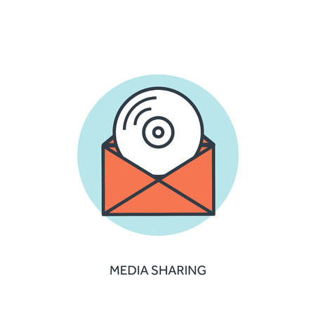 Flat lined compact disk icon. Email icon. Media sharingのイラスト素材