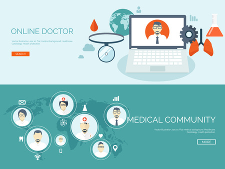 Vector illustration. Flat header. Medical background. First aid and diagnostic. Medical research and therapy. Global healthcare.のイラスト素材