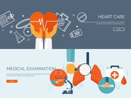 Vector illustration. Flat header. Medical background. First aid and diagnostic. Medical research and therapy. Global healthcare.のイラスト素材