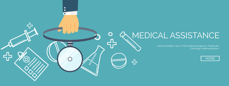 Vector illustration. Flat header. Medical background. First aid and diagnostic. Medical research and therapy. Global healthcare.のイラスト素材