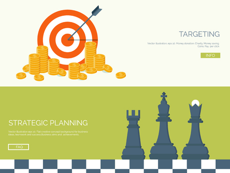 Flat vector illustration backgrounds set. Target, coins and chess. Management and achievements. Smart solutions and business aims. Generating ideas. Business planning and strategyのイラスト素材