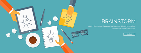 Vector illustration. Flat header.  Creativity and generating ideas. Brainstorm and coffee pause. Working. Everyday routine.のイラスト素材