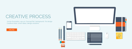 Vector illustration. Flat header.  Workplace. Programming and coding, web design. Laptop and pc.のイラスト素材