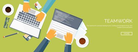 Vector illustration. Flat header. Teamwork. Smart solutions. Programming and coding.のイラスト素材