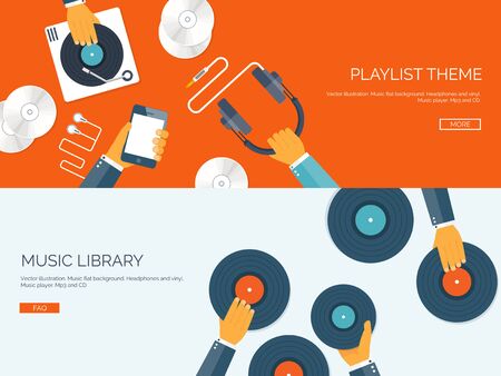 Vector illustration. Flat background with hand and vinyl. Music.のイラスト素材