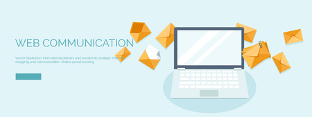 Flat vector illustration backgrounds set. International delivery and worldwide postage. Emailing and online shopping. Envelope and package.のイラスト素材