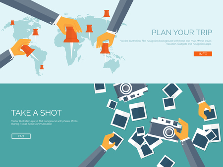 Vector illustration. Flat backgrounds set. Navigation and travelling.  Map pointer and location finding. Web application. Photoshooting.のイラスト素材
