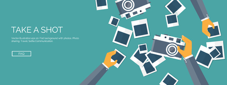 Vector illustration. Flat background with hand and photos. Travel. Selfie and images sharing.のイラスト素材