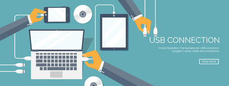 Vector illustration. Usb connection. Computer, tablet, smartphone. Cable.のイラスト素材