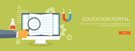 Vector illustration. Flat study background. Education and online courses, web tutorials, e-learning. Study and creative process. Power of knowledge. Video tutorials.のイラスト素材