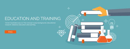 Vector illustration. Flat study background. Education and online courses, web tutorials, e-learning. Study and creative process. Power of knowledge. Video tutorials.のイラスト素材