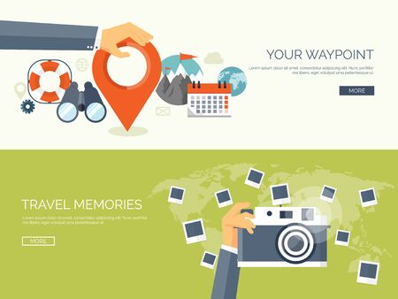 Vector illustration. Flat travel background. Map pointer and navigation. Trip and tickets. Photography.のイラスト素材