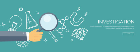 Vector illustration. Flat research background. Physics and laboratory equipment. Experiments.  Atomic and molecular, formula. Dignostic. Loupe.のイラスト素材