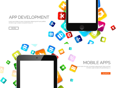 Vector illustration. Flat background with apps and realstic smartphone.のイラスト素材