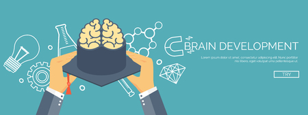 Vector illustration. Brains and academic cap. Education and online courses, web tutorials, e-learning. Study and creative process. Power of knowledge.のイラスト素材
