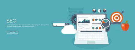 Vector illustration. Flat background. Coding, programming. SEO. Search engine optimization. App development and creation. Software, program code. Web design.のイラスト素材