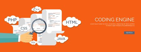 Vector illustration. Flat background. Coding, programming. SEO. Search engine optimization. App development and creation. Software, program code. Web design.のイラスト素材