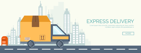 Flat background. Delivery, packaging. Shipping,transportation. Carton box and car.のイラスト素材