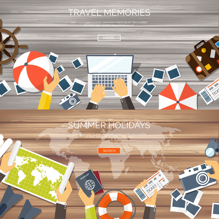 Flat travel background. Summer holidays, vacation. Plane, boat, car  traveling. Tourism, trip  and journey.のイラスト素材