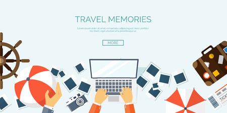 Flat travel background. Summer holidays, vacation. Plane, boat, car  traveling. Tourism, trip  and journey.のイラスト素材