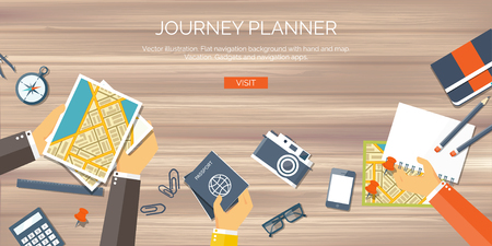 Flat travel background. Summer holidays, vacation. Plane, boat, car  traveling. Tourism, trip  and journey.のイラスト素材