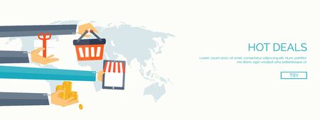 Vector illustration. Flat header. Shopping. Web store. Global communication, trading. E-business. Commerce, money making. Internet banking.のイラスト素材