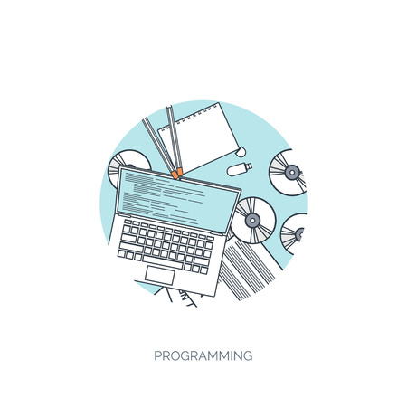 Vector illustration. Flat background. Coding, programming. SEO. Search engine optimization. App development and creation. Software, program code. Web design.のイラスト素材