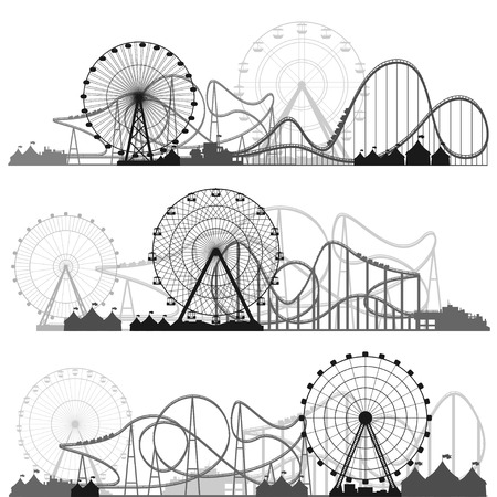 Vector illustration. Ferris wheel. Carnival. Funfair background. Circus park.  Skyscrapers with roller coast.のイラスト素材