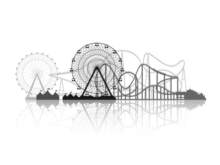 Vector illustration. Ferris wheel. Carnival. Funfair background. Circus park.  Skyscrapers with roller coast.のイラスト素材